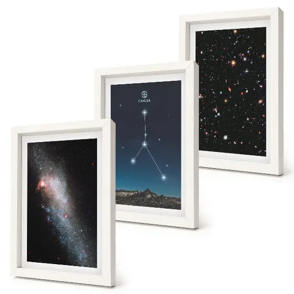 Conjunto de 3 quadros decorativos com estampa de espaço galáxia e constelação de Câncer