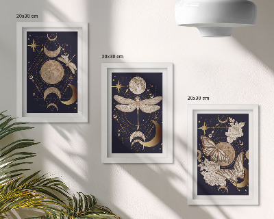 Tríptico com moldura Motivos da natureza com a lua, o espaço e flores.