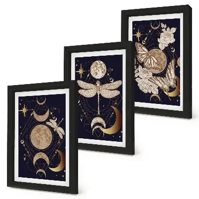 Tríptico com moldura com motivos da natureza destacando a lua, o espaço e as flores