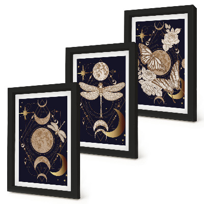 Tríptico com moldura Motivos da natureza com a lua, o espaço e flores.