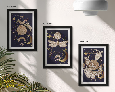 Tríptico com moldura Motivos da natureza com a lua, o espaço e flores.