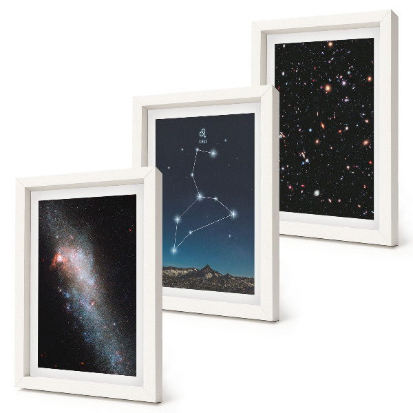 Conjunto de 3 quadros decorativos constelação de Leão, galáxia e espaço sideral