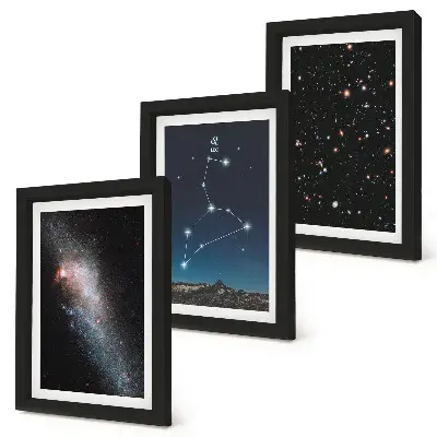 Conjunto de 3 quadros decorativos com constelação de Leão, galáxia e espaço sideral