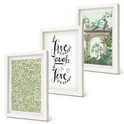 Conjunto de 3 quadros decorativos com estampas de folhas verdes, inscrições e plantas exóticas