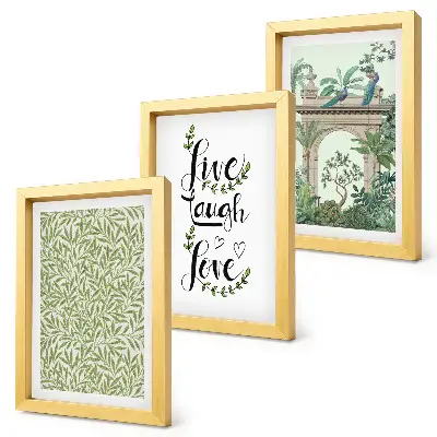 Conjunto de 3 quadros decorativos com estampas de folhas verdes, inscrições e plantas exóticas