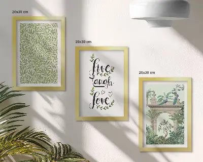 Conjunto de 3 quadros decorativos com estampas de folhas verdes, inscrições e plantas exóticas