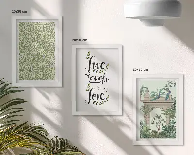 Conjunto de 3 quadros decorativos com estampas de folhas verdes, inscrições e plantas exóticas
