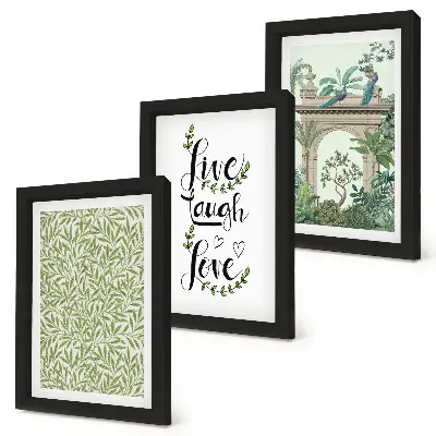 Conjunto de 3 quadros decorativos com estampas de folhas verdes, inscrições e plantas exóticas