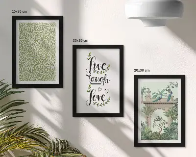Conjunto de 3 quadros decorativos com estampas de folhas verdes, inscrições e plantas exóticas