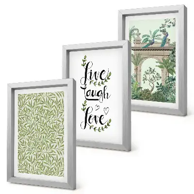 Conjunto de 3 quadros decorativos com estampas de folhas verdes, inscrições e plantas exóticas
