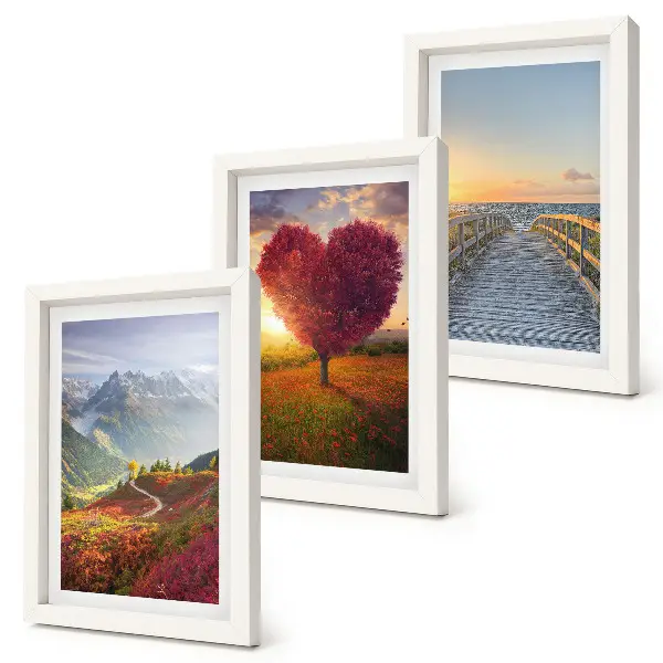 Conjunto de quadros com imagens paisagens de montanha, árvore em formato de coração e píer