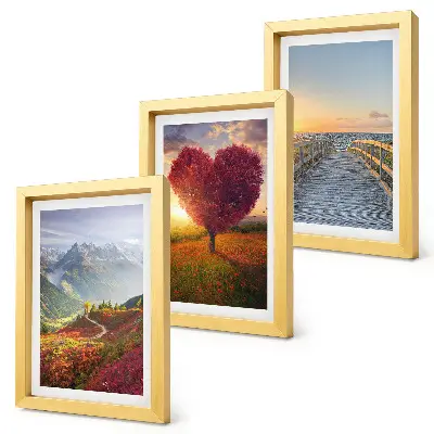 Conjunto de quadros com imagens paisagens de montanha, árvore em formato de coração e píer