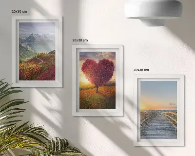 Conjunto de quadros com imagens paisagens de montanha, árvore em formato de coração e píer