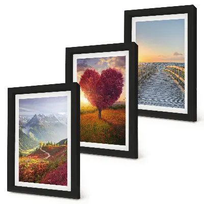 Conjunto de quadros com imagens paisagens de montanha, árvore em formato de coração e píer