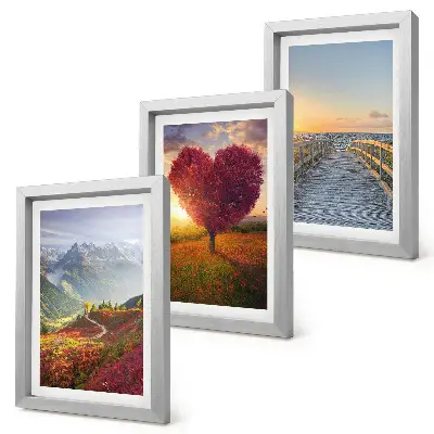 Conjunto de quadros com imagens paisagens de montanha, árvore em formato de coração e píer