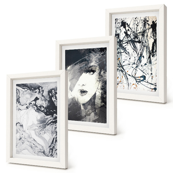 Tríptico com moldura Padrões abstratos em tons de preto e branco.