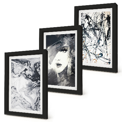 Tríptico com moldura Padrões abstratos em tons de preto e branco.