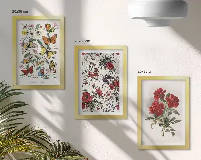 Conjunto de 3 quadros decorativos com estampas de borboletas, flores e rosas vermelhas em estilo clássico