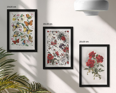Conjunto de 3 quadros decorativos Borboletas, flores e rosas vermelhas em estilo clássico.