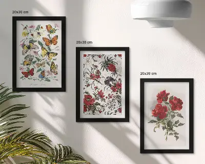 Conjunto de 3 quadros decorativos com estampas de borboletas, flores e rosas vermelhas em estilo clássico
