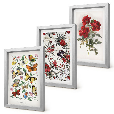 Conjunto de 3 quadros decorativos Borboletas, flores e rosas vermelhas em estilo clássico.