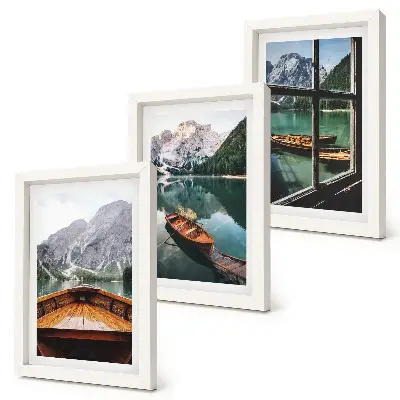 Conjunto de 3 quadros decorativos paisagem de lago de montanha com barcos e janela