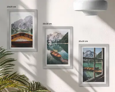 Conjunto de 3 quadros decorativos paisagem de lago de montanha com barcos e janela