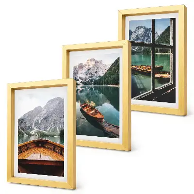 Conjunto de 3 quadros decorativos paisagem de lago de montanha com barcos e janela