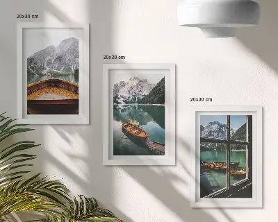 Conjunto de 3 quadros decorativos paisagem de lago de montanha com barcos e janela