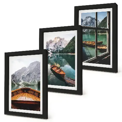 Conjunto de 3 quadros decorativos paisagem de lago de montanha com barcos e janela