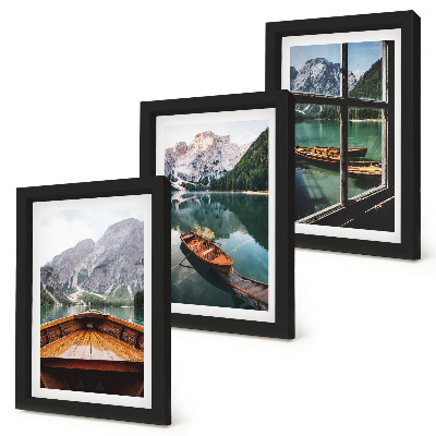 Conjunto de 3 quadros decorativos Vista de um lago de montanha com barcos e uma janela ao fundo.
