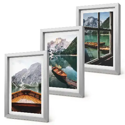 Conjunto de 3 quadros decorativos paisagem de lago de montanha com barcos e janela