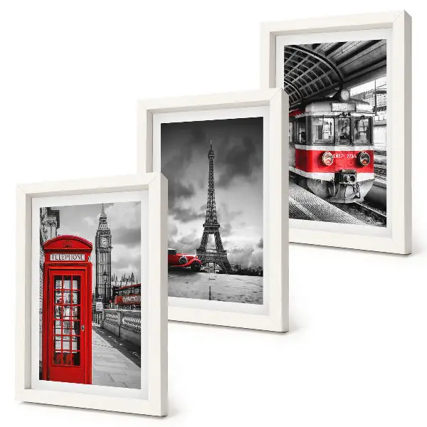 Conjunto de molduras com imagens cidades icônicas como Londres, Paris e transporte ferroviário