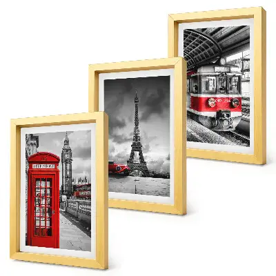 Conjunto de molduras com imagens cidades icônicas como Londres, Paris e transporte ferroviário
