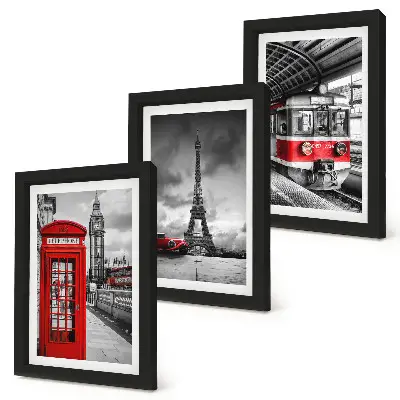 Conjunto de molduras com imagens cidades icônicas como Londres, Paris e transporte ferroviário