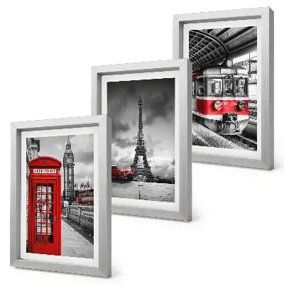 Conjunto de molduras com imagens cidades icônicas como Londres, Paris e transporte ferroviário