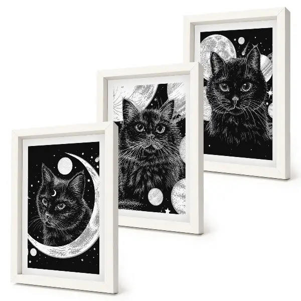 Tríptico com moldura estampa de gatos pretos com a lua e planetas ao fundo