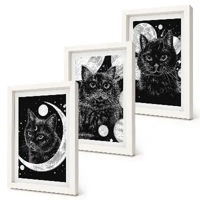 Tríptico com moldura estampa de gatos pretos com a lua e planetas ao fundo