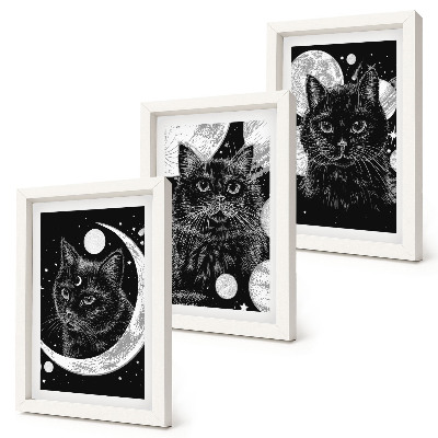 Tríptico com moldura Gatos pretos tendo como pano de fundo a lua e os planetas no espaço.
