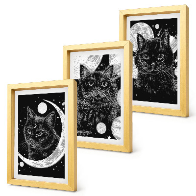 Tríptico com moldura Gatos pretos tendo como pano de fundo a lua e os planetas no espaço.