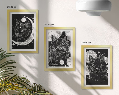 Tríptico com moldura Gatos pretos tendo como pano de fundo a lua e os planetas no espaço.