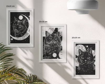 Tríptico com moldura Gatos pretos tendo como pano de fundo a lua e os planetas no espaço.