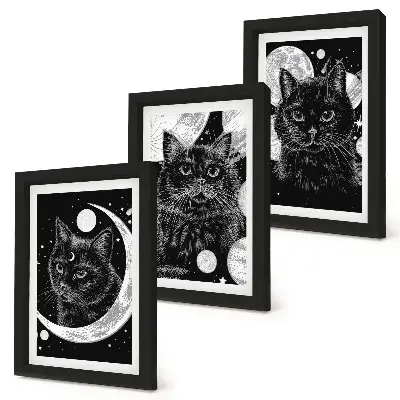 Tríptico com moldura estampa de gatos pretos com a lua e planetas ao fundo