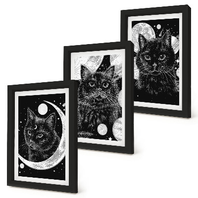 Tríptico com moldura Gatos pretos tendo como pano de fundo a lua e os planetas no espaço.