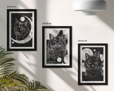 Tríptico com moldura Gatos pretos tendo como pano de fundo a lua e os planetas no espaço.