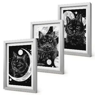 Tríptico com moldura estampa de gatos pretos com a lua e planetas ao fundo