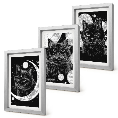 Tríptico com moldura Gatos pretos tendo como pano de fundo a lua e os planetas no espaço.