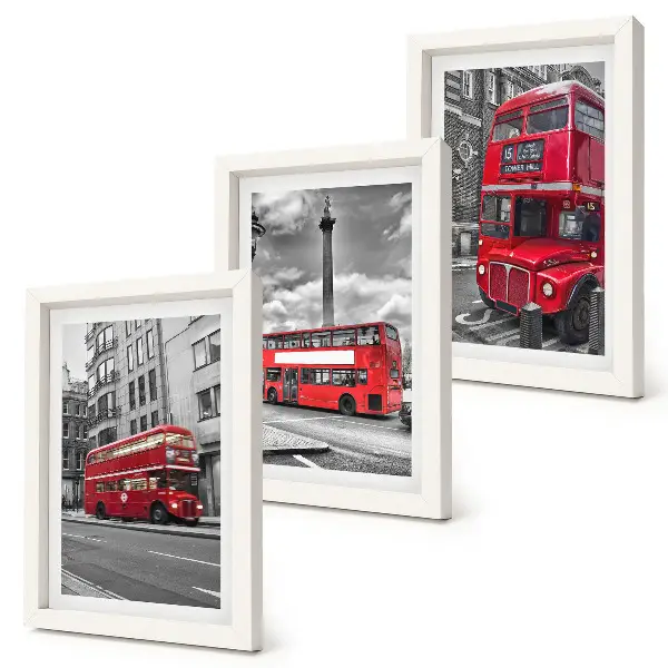 Conjunto de 3 quadros decorativos com ônibus vermelhos na paisagem urbana de Londres