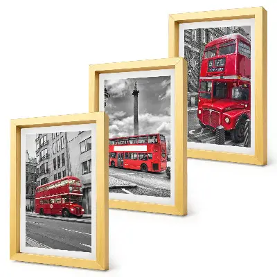 Conjunto de 3 quadros decorativos com ônibus vermelhos na paisagem urbana de Londres