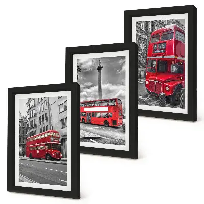 Conjunto de 3 quadros decorativos com ônibus vermelhos na paisagem urbana de Londres